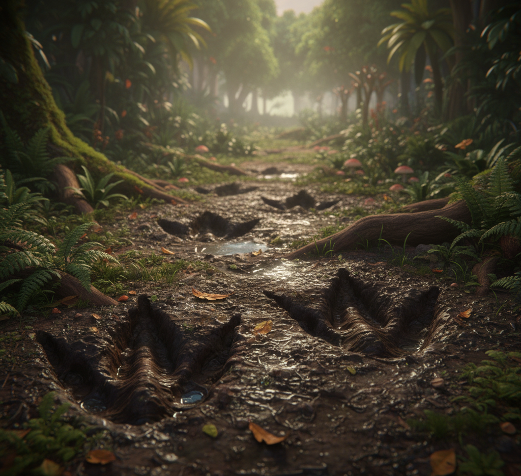Dinosaur Footprints in Wales. Image via AI