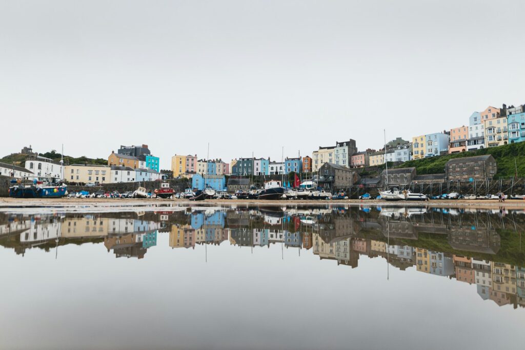 a body of water with buildings along it